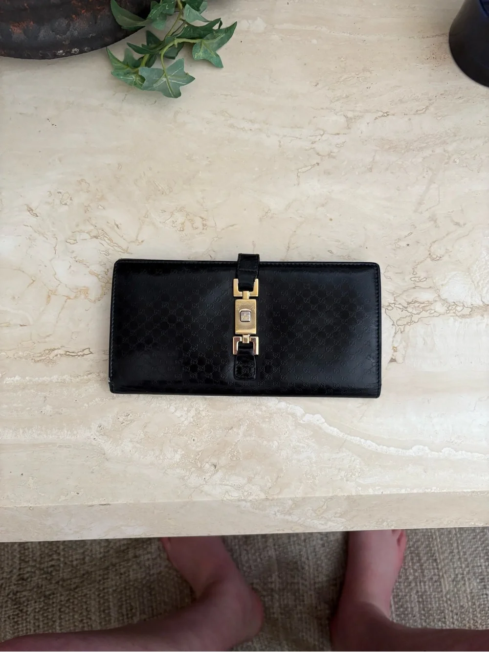 Gucci Jackie 1961 Monogram Black Leather Wallet with Gold Hardware
